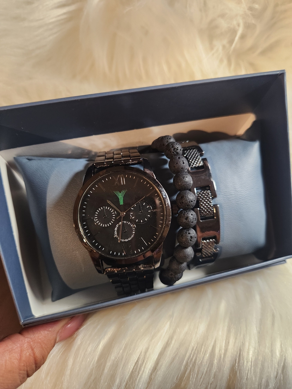 Men's Black Stainless Steel Watch and Bracelet Set